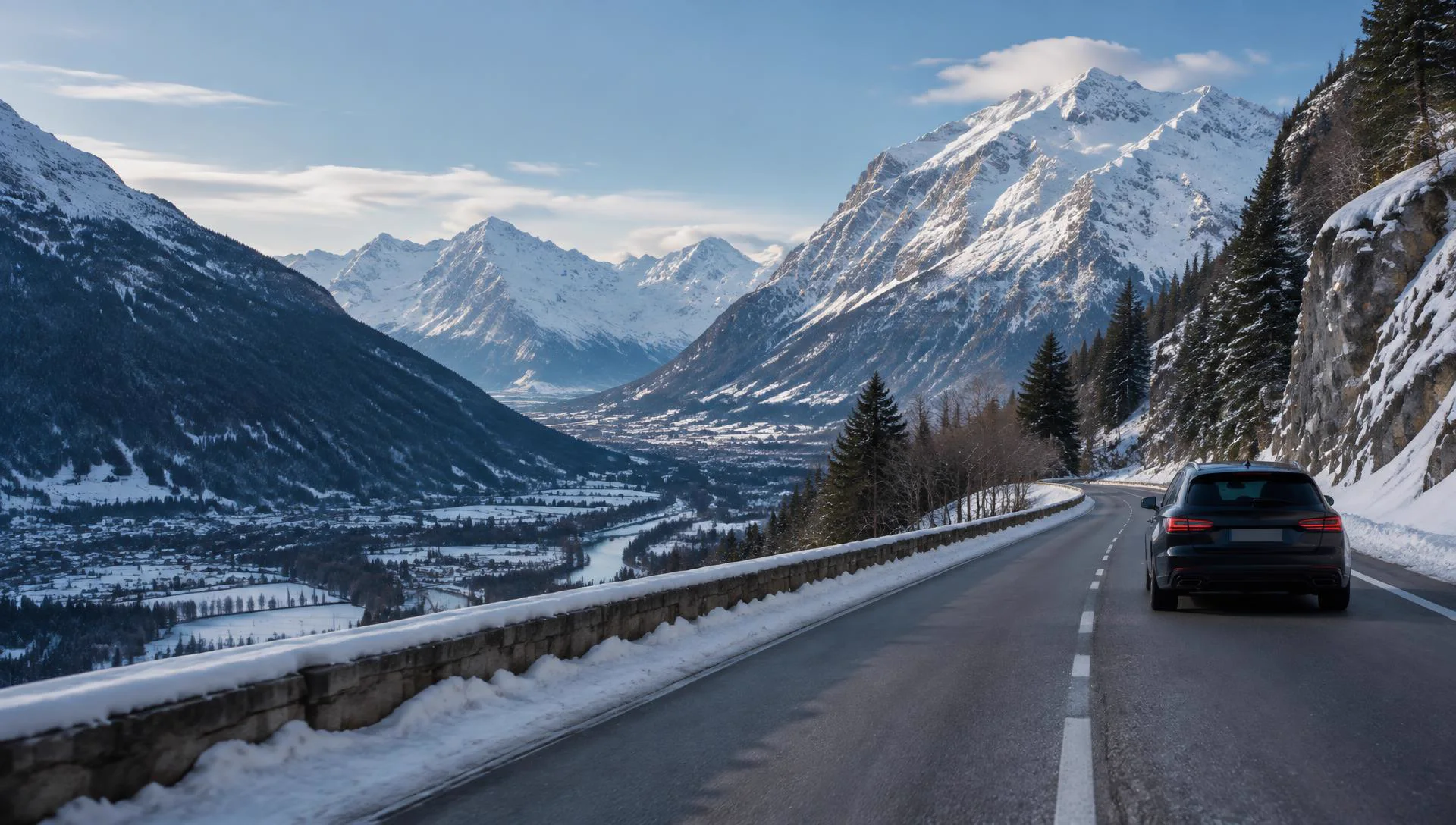 Route de montagne dans la vallée de l'Isère en hiver entre les massifs enneigés