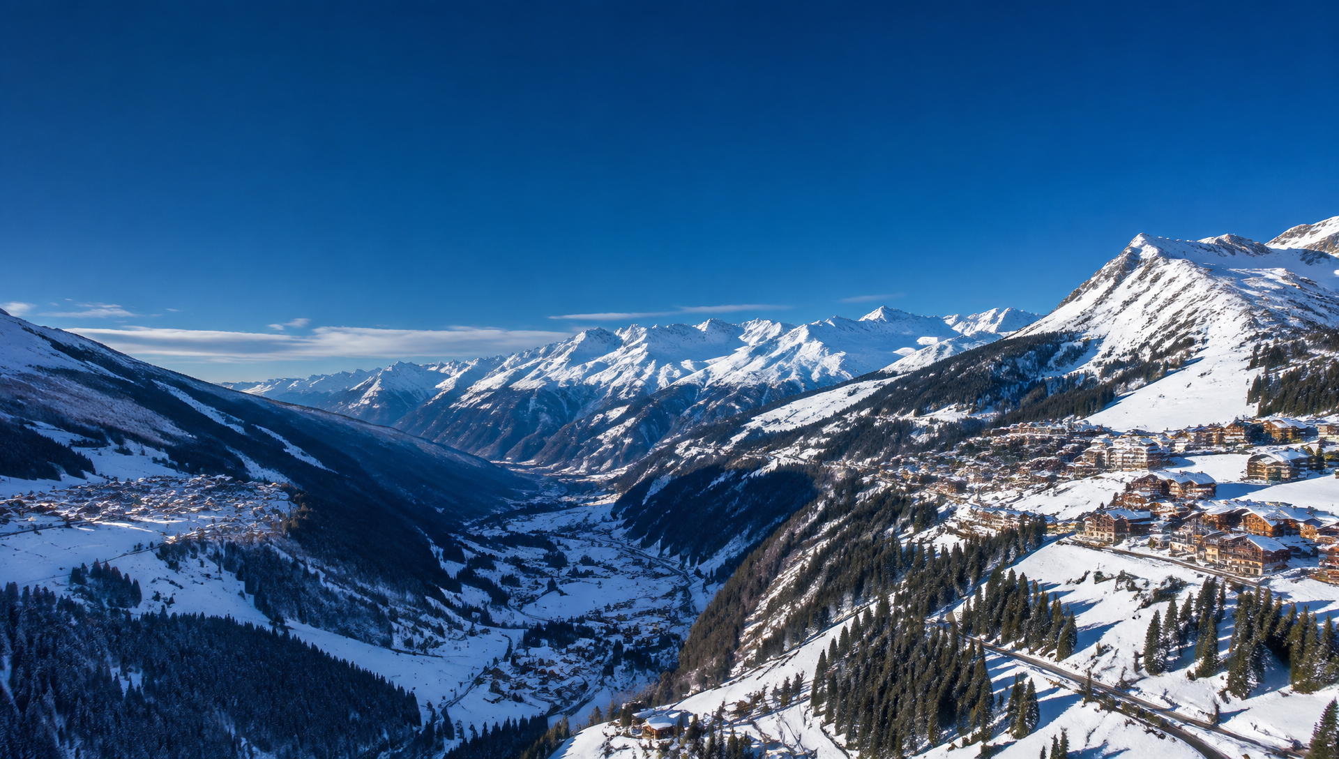 Vue aérienne hivernale de la vallée de la Tarentaise avec ses villages et stations sur les versants enneigés
