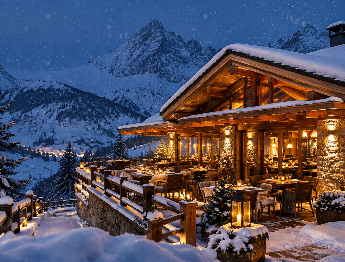 Restaurant d'altitude chaleureusement éclairé la nuit sous la neige