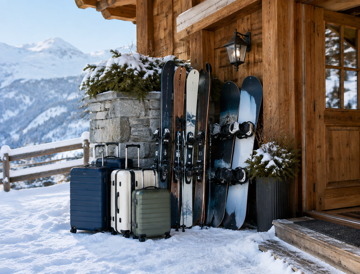 Skis, snowboards et valises disposés devant un chalet enneigé