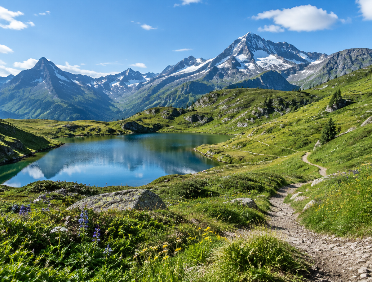Alpages verts, lac et sommets de Tarentaise en été
