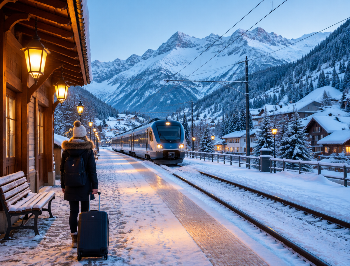 Voyageuse avec sa valise sur le quai enneigé d'une gare de montagne