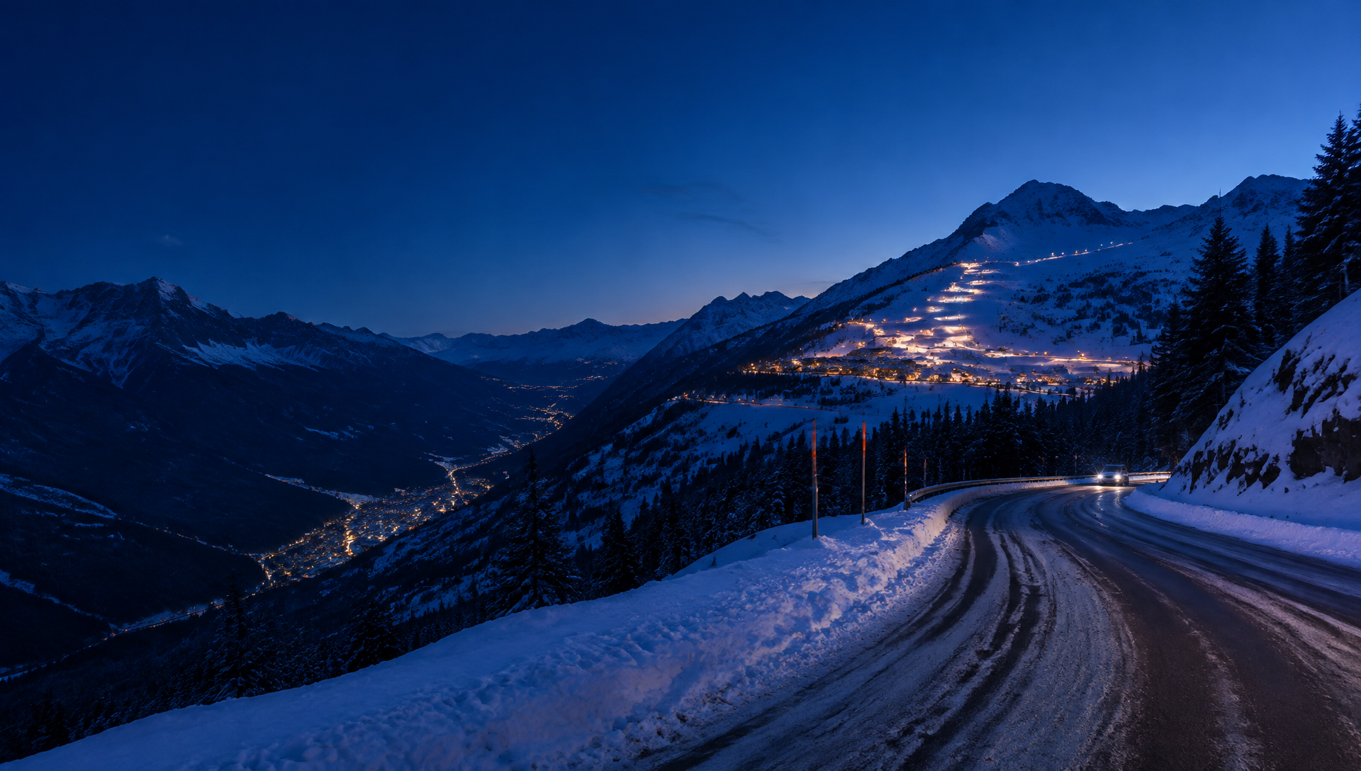 Route de montagne enneigée en Tarentaise au crépuscule avec les lumières d'une station