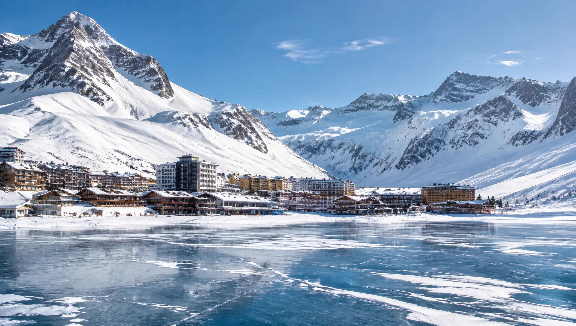 Station de Tignes en hiver avec son lac gelé et les sommets enneigés alentour